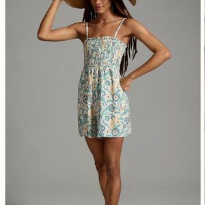 Anthropologie Pilcro Smocked Romper Blue & Yellow Floral Print Linen Blend